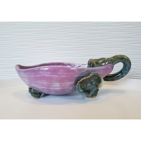 Artisan Art Pottery Ceramic Eggplant Bowl Dish Footed with Handle Signed 10" - Picture 2 of 7